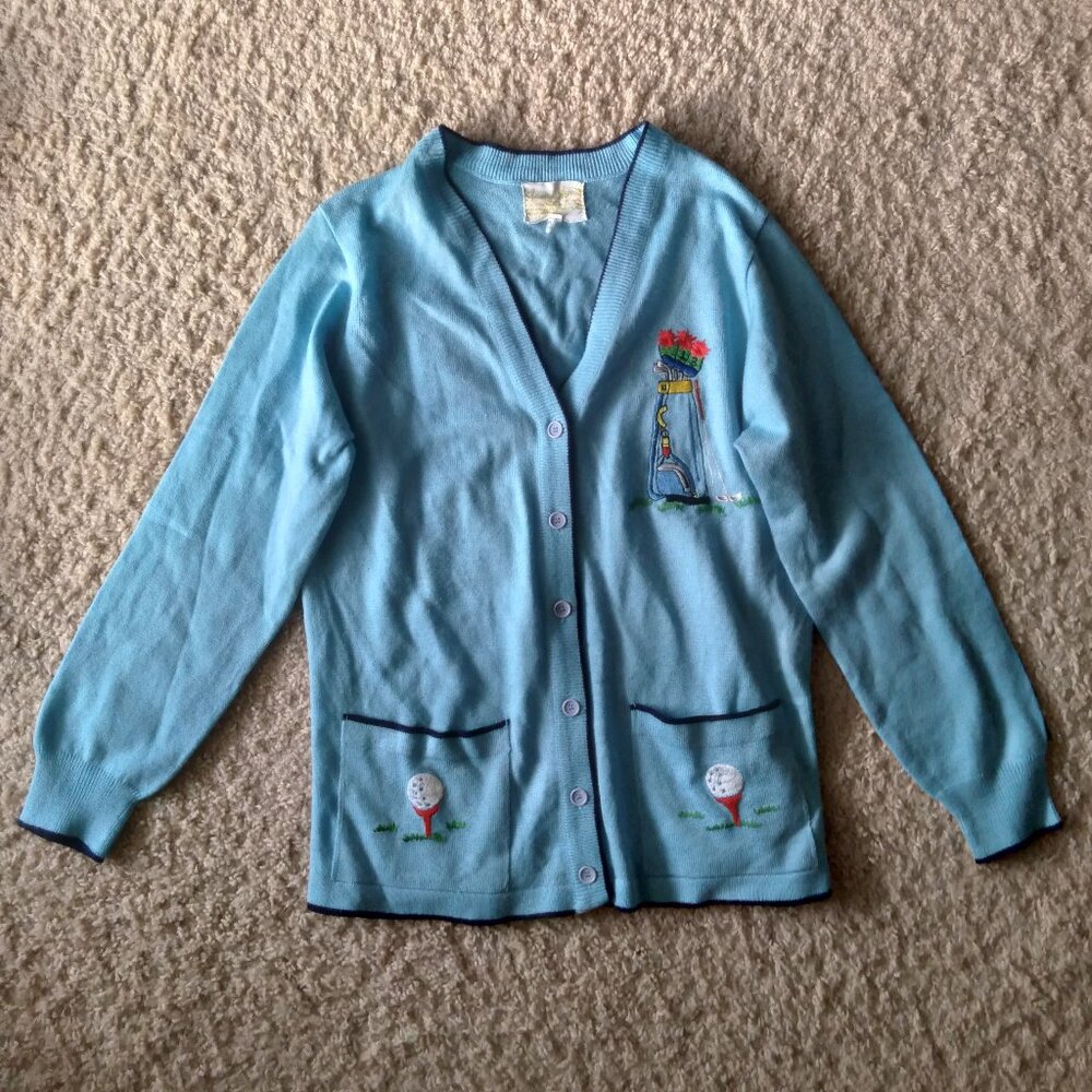 Vintage Andreno Argenti Blue V-Neck Knit Cardigan with Embroidered Golf Graphic